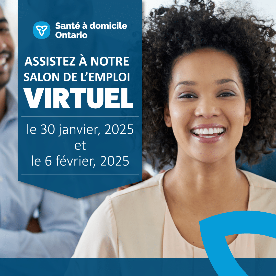 Image d’un homme dans un bureau. Le texte inclus est : Êtes-vous passionné par les soins de santé exceptionnels et animé par le désir d’aider les autres ? Assistez à notre salon virtuel de l’emploi.